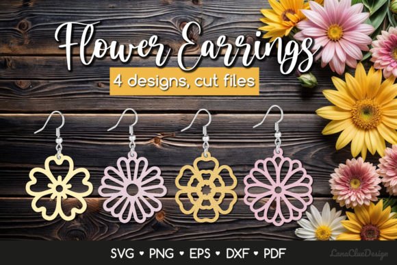4 Summer Flower Earrings SVG Cut Files for Crafts and Graphics