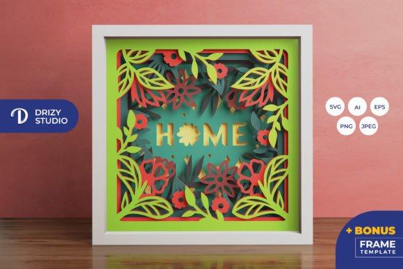 Floral HOME 3D Shadow Box - 3D SVG for Creative Sellers