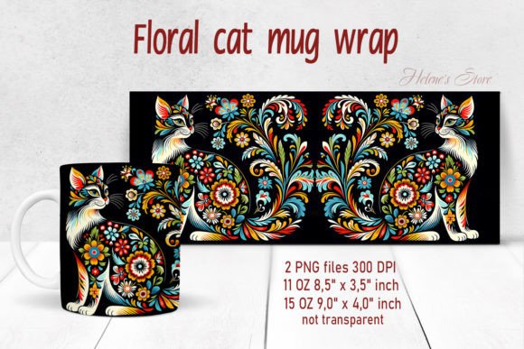 Florals Cat Mug Wrap Sublimation Designs for Graphics and Crafts