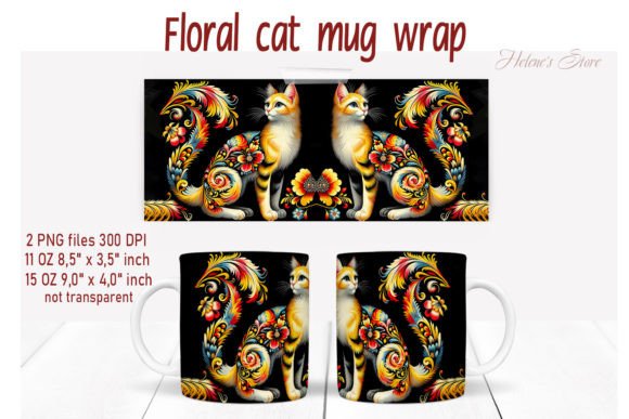 Flowers Cat Mug Wrap Sublimation Design for Crafts and Graphics