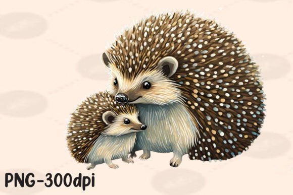 Folk Art Hedgehog Mother and Baby PNG Graphics for Print Templates