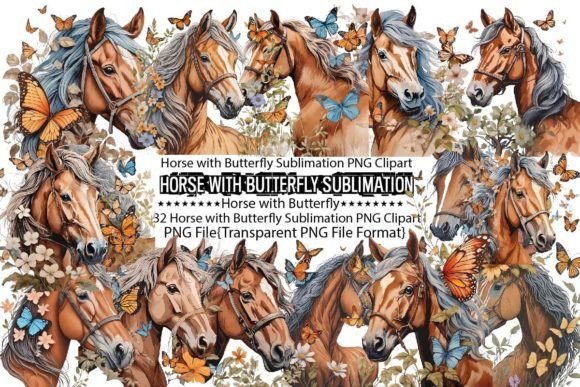 Horse with Butterfly Sublimation Bundle for Print Templates and Graphics