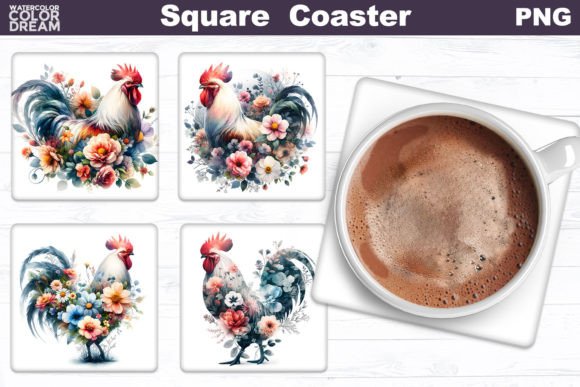 Rooster Flowers Square Coaster Graphics for Crafts and Content Publishing