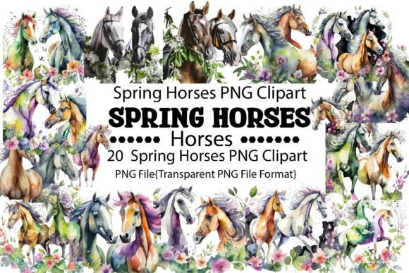 Watercolor Spring Horses PNG Bundle for Graphics and Print Templates